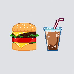 A pixel art icon featuring a classic cheeseburger and a soda