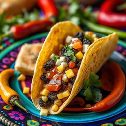 A close-up view of a gourmet taco filled with Huitlacoche, the black corn fungus, complemented by fresh corn, cheese, and salsa