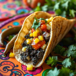 A close-up view of a gourmet taco filled with Huitlacoche, the black corn fungus, complemented by fresh corn, cheese, and salsa