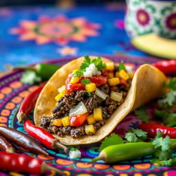 A close-up view of a gourmet taco filled with Huitlacoche, the black corn fungus, complemented by fresh corn, cheese, and salsa