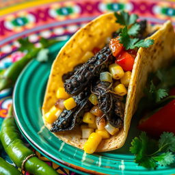 A close-up view of a gourmet taco filled with Huitlacoche, the black corn fungus, complemented by fresh corn, cheese, and salsa