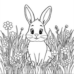 Line art of a sweet rabbit in a meadow for coloring