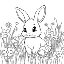 Line art of a sweet rabbit in a meadow for coloring