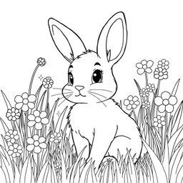 Line art of a sweet rabbit in a meadow for coloring