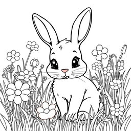 Line art of a sweet rabbit in a meadow for coloring