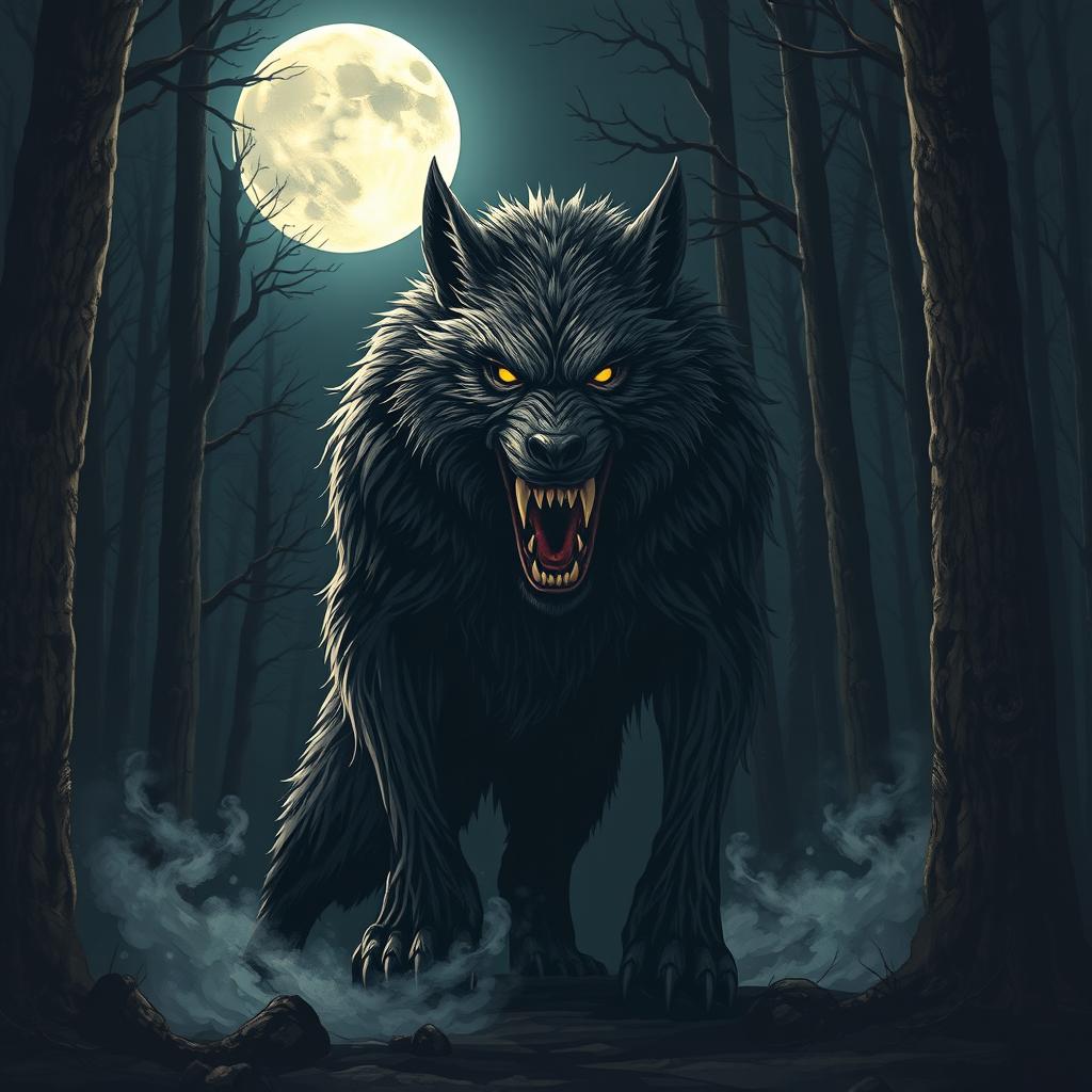 a menacing werewolf standing under the full moon in a dark forest, its sharp teeth bared and fur bristling