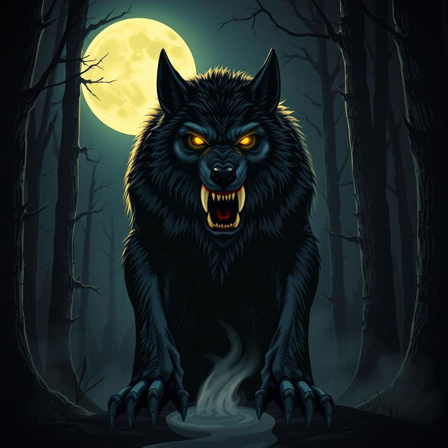 a menacing werewolf standing under the full moon in a dark forest, its sharp teeth bared and fur bristling