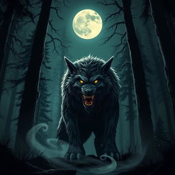 a menacing werewolf standing under the full moon in a dark forest, its sharp teeth bared and fur bristling