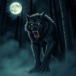 a menacing werewolf standing under the full moon in a dark forest, its sharp teeth bared and fur bristling