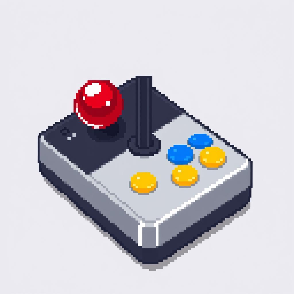 A pixel art icon of a classic game joystick