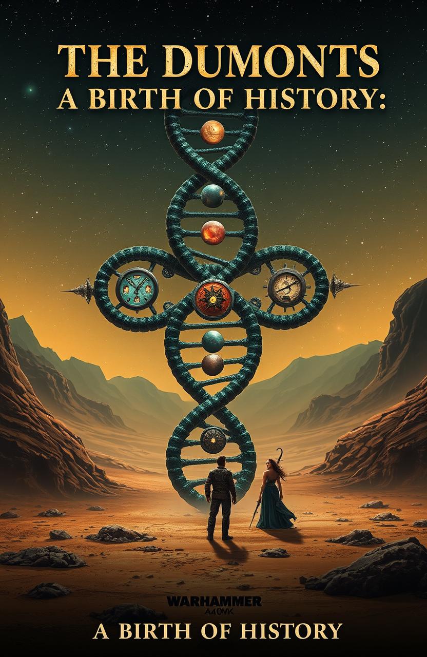 A futuristic DNA strand intertwined with three unique components, symbolizing a complex life form set in the Warhammer 40k universe
