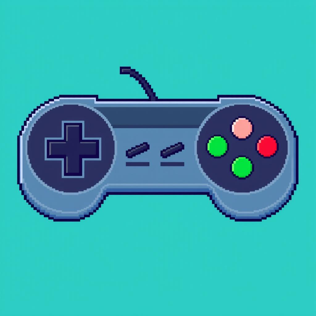 Pixel art style game controller with retro design, vibrant colors, detailed buttons, and a vintage gaming atmosphere