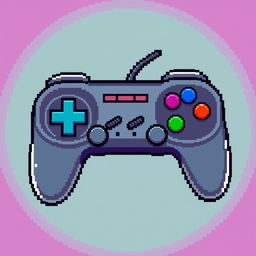 Pixel art style game controller with retro design, vibrant colors, detailed buttons, and a vintage gaming atmosphere
