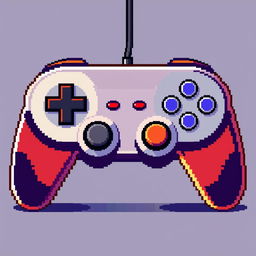 Pixel art style game controller with retro design, vibrant colors, detailed buttons, and a vintage gaming atmosphere