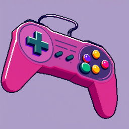 Pixel art style game controller with retro design, vibrant colors, detailed buttons, and a vintage gaming atmosphere