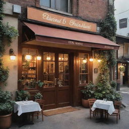 A quaint yet charming brown restaurant with a casual ambiance, softly-lit, welcoming frontage, and bustling with hungry diners enjoying their hearty meals.