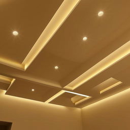 Design a modern false ceiling for a rectangular room measuring 11 feet by 14 feet, incorporating intricate patterns and ambient lighting.