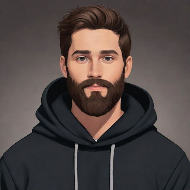 A cartoon character with lush brown hair, a full brown beard, dressed in a stylish, dark black hoodie.