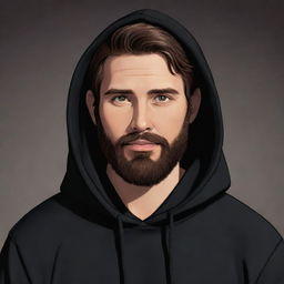 A cartoon character with lush brown hair, a full brown beard, dressed in a stylish, dark black hoodie.