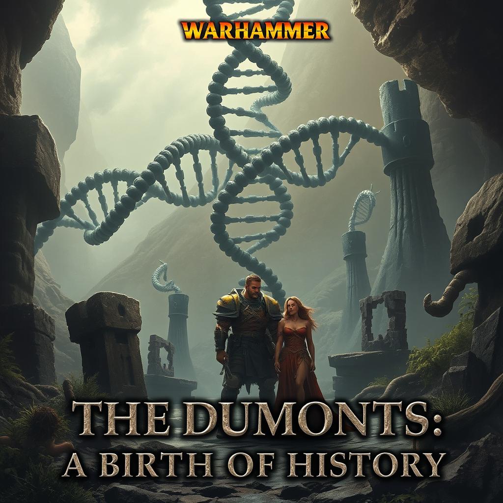 In the form of Warhammer 40k, a grand and intricate DNA strand emerges, accompanied by two additional strands, weaving a complex narrative