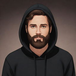 A cartoon character with lush brown hair, a full brown beard, dressed in a stylish, dark black hoodie.
