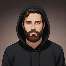 A cartoon character with lush brown hair, a full brown beard, dressed in a stylish, dark black hoodie.