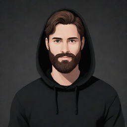 A cartoon character with lush brown hair, a full brown beard, dressed in a stylish, dark black hoodie.