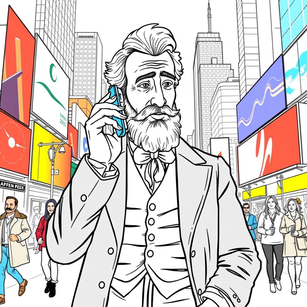 Alexander Graham Bell depicted talking on a modern smartphone, standing in a bright and bustling urban environment