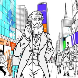 Alexander Graham Bell depicted talking on a modern smartphone, standing in a bright and bustling urban environment