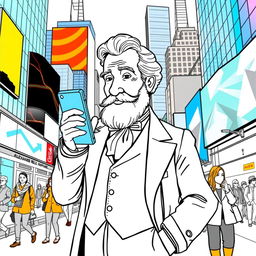 Alexander Graham Bell depicted talking on a modern smartphone, standing in a bright and bustling urban environment