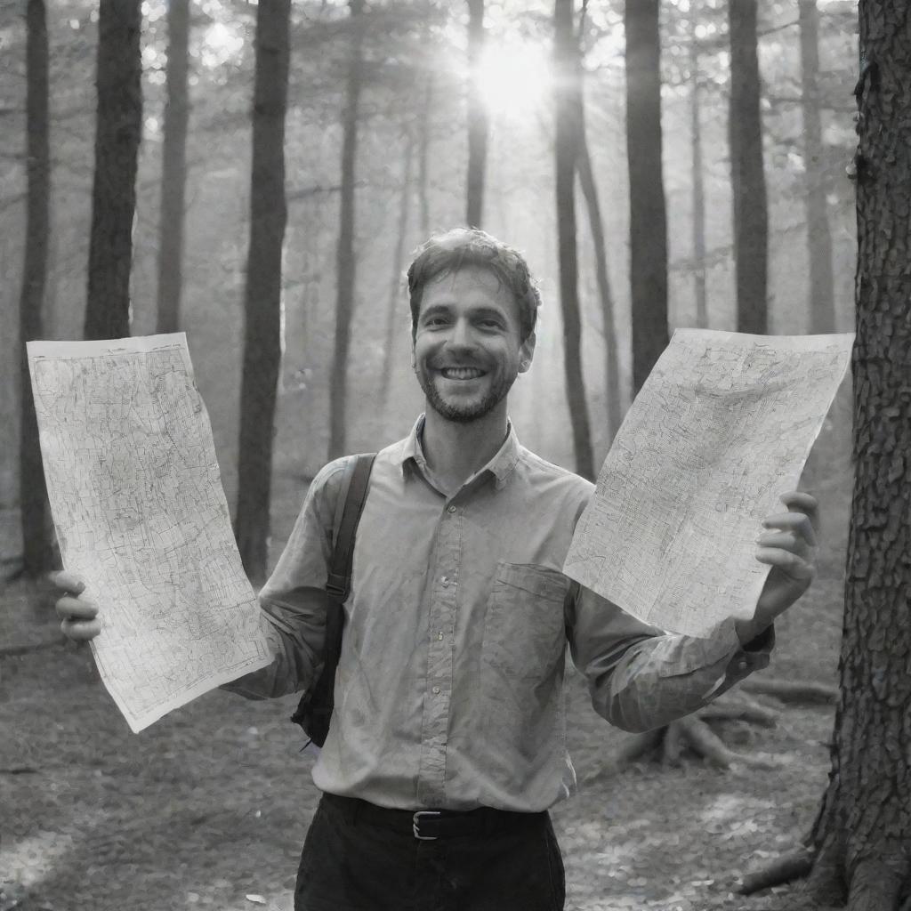 An enthusiastic man at the forest's edge holding a map and compass, depicted in a black and white hand drawing. The first steps into the dim woods, with sunlight filtering through the leaves.