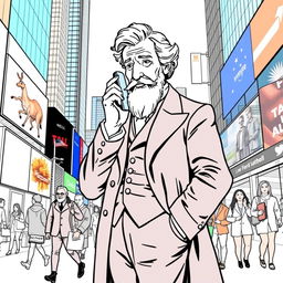 Alexander Graham Bell depicted talking on a modern smartphone, standing in a bright and bustling urban environment