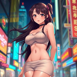 Anime girl with large, voluptuous breasts, seductive expression, long flowing hair, wearing a tube top and short skirt in a vibrant city background, with neon lights reflecting off her shiny, smooth skin