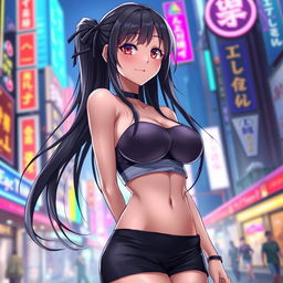 Anime girl with large, voluptuous breasts, seductive expression, long flowing hair, wearing a tube top and short skirt in a vibrant city background, with neon lights reflecting off her shiny, smooth skin