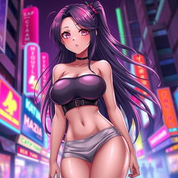 Anime girl with large, voluptuous breasts, seductive expression, long flowing hair, wearing a tube top and short skirt in a vibrant city background, with neon lights reflecting off her shiny, smooth skin