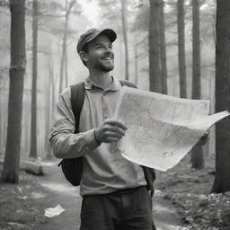 An enthusiastic man at the forest's edge holding a map and compass, depicted in a black and white hand drawing. The first steps into the dim woods, with sunlight filtering through the leaves.