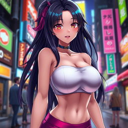 Anime girl with large, voluptuous breasts, seductive expression, long flowing hair, wearing a tube top and short skirt in a vibrant city background, with neon lights reflecting off her shiny, smooth skin