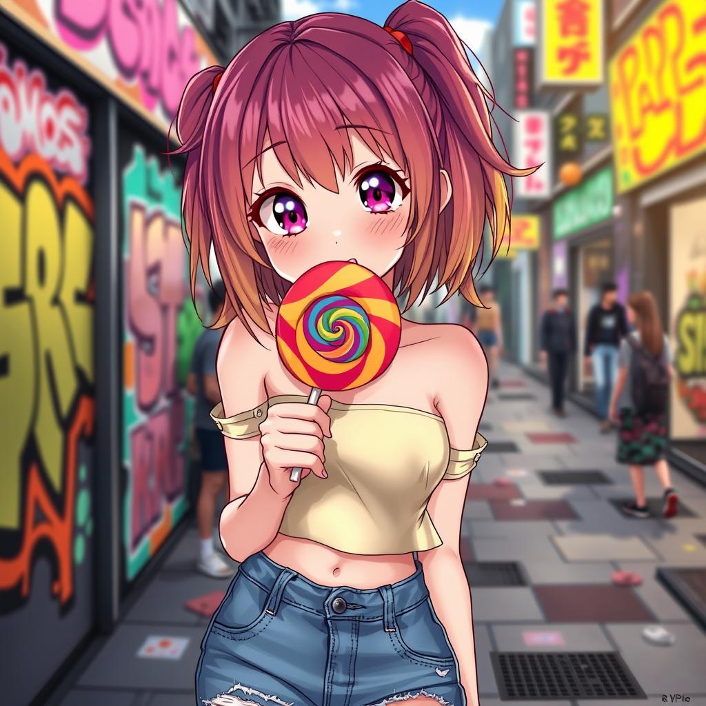 Anime girl cheekily sucking on a colorful lollipop, playful expression, with wide eyes and vibrant hair, set in a trendy urban street with graffiti art and bustling atmosphere