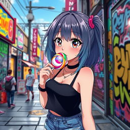 Anime girl cheekily sucking on a colorful lollipop, playful expression, with wide eyes and vibrant hair, set in a trendy urban street with graffiti art and bustling atmosphere