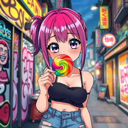 Anime girl cheekily sucking on a colorful lollipop, playful expression, with wide eyes and vibrant hair, set in a trendy urban street with graffiti art and bustling atmosphere