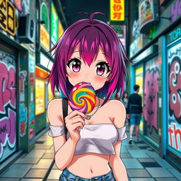 Anime girl cheekily sucking on a colorful lollipop, playful expression, with wide eyes and vibrant hair, set in a trendy urban street with graffiti art and bustling atmosphere