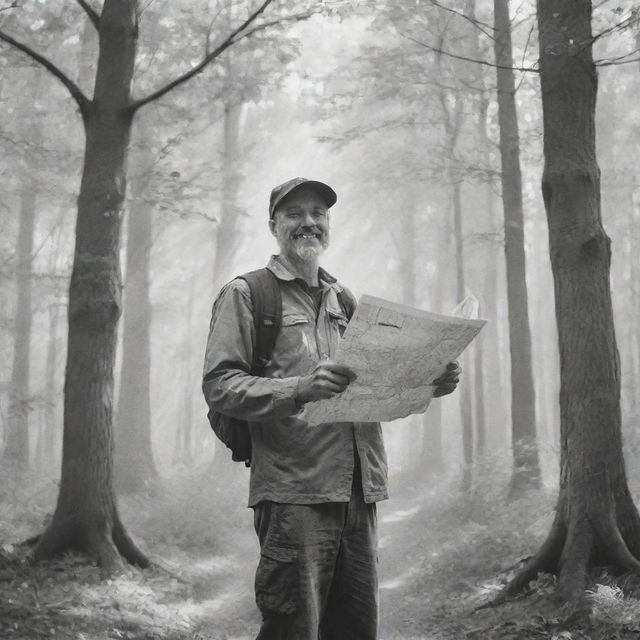 An enthusiastic man at the forest's edge holding a map and compass, depicted in a black and white hand drawing. The first steps into the dim woods, with sunlight filtering through the leaves.