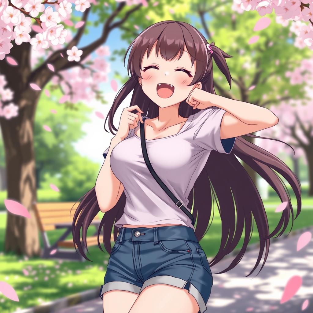 Anime girl with voluptuous, prominently bouncing breasts, energetic and playful pose, laughing joyously, with long, flowing hair, wearing a casual, fitted t-shirt and denim shorts, set in a picturesque park during a sunny day, surrounded by cherry blossom petals gently falling