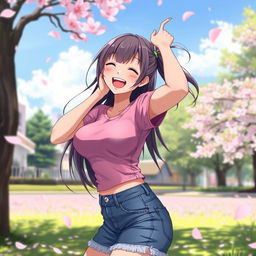 Anime girl with voluptuous, prominently bouncing breasts, energetic and playful pose, laughing joyously, with long, flowing hair, wearing a casual, fitted t-shirt and denim shorts, set in a picturesque park during a sunny day, surrounded by cherry blossom petals gently falling