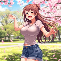 Anime girl with voluptuous, prominently bouncing breasts, energetic and playful pose, laughing joyously, with long, flowing hair, wearing a casual, fitted t-shirt and denim shorts, set in a picturesque park during a sunny day, surrounded by cherry blossom petals gently falling