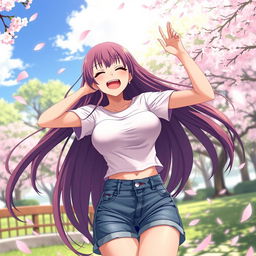 Anime girl with voluptuous, prominently bouncing breasts, energetic and playful pose, laughing joyously, with long, flowing hair, wearing a casual, fitted t-shirt and denim shorts, set in a picturesque park during a sunny day, surrounded by cherry blossom petals gently falling