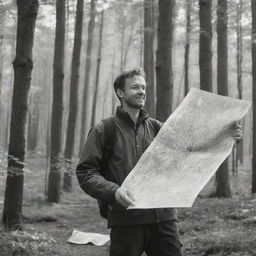 An enthusiastic man at the forest's edge holding a map and compass, depicted in a black and white hand drawing. The first steps into the dim woods, with sunlight filtering through the leaves.