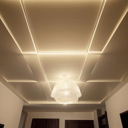 Design a modern false ceiling for a rectangular room measuring 11 feet by 14 feet, incorporating intricate patterns and ambient lighting.