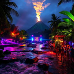 A vibrant discotheque set amidst a natural landscape with a flowing river and a majestic volcano in the background