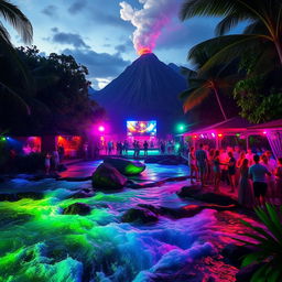 A vibrant discotheque set amidst a natural landscape with a flowing river and a majestic volcano in the background